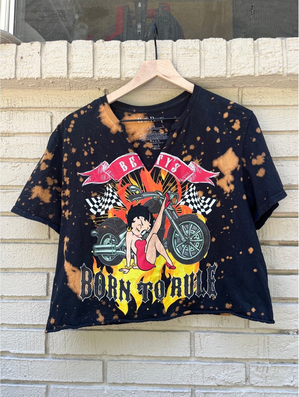 Betty Boop Born To Rule Harley L Large Biker Race Crop Bleach Distressed